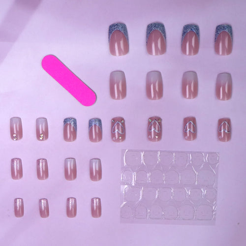 24PCS Square Press-Shaped Nails Of Medium Length - French Pointed Press-Shaped Heart-Shaped Design, Bright pink Ffalse Nails