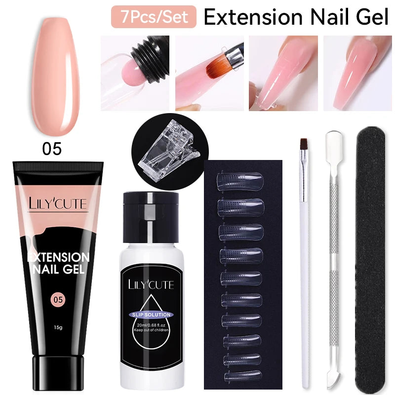 LILYCUTE 7Pcs/Set 15ml Clear Quick Extension Nail Gel with Slip Solution Nail Pusher Nail Clip Brush File Extension Gel Tools