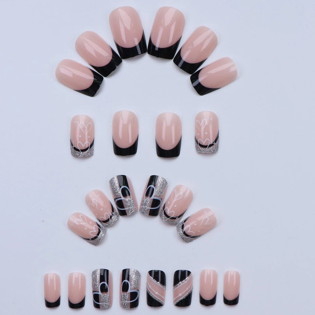 24PCS Square Press-Shaped Nails Of Medium Length - French Pointed Press-Shaped Heart-Shaped Design, Bright pink Ffalse Nails