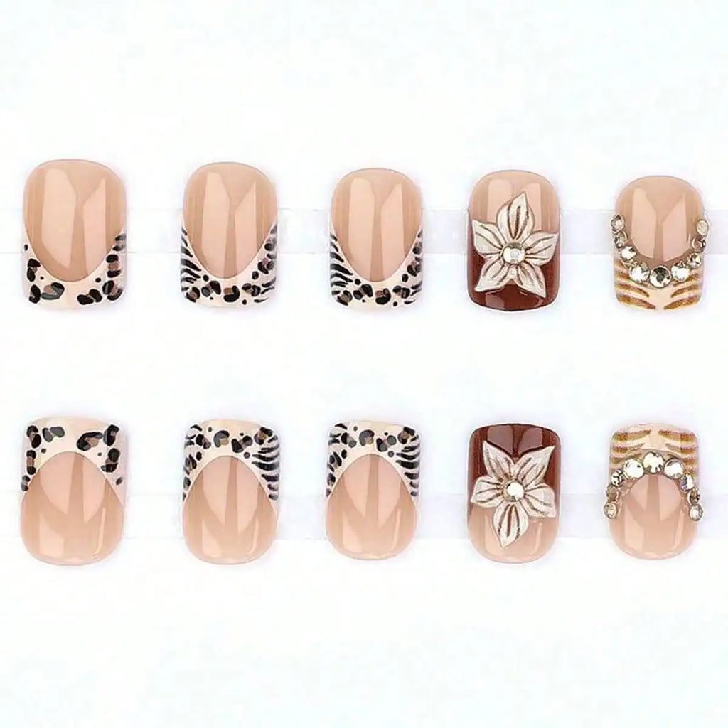 24pcs Leopard Print French False Nail Spicy Girls Flower Brown Short Square Fake Nails with Diamond Design Press on Nails Sets