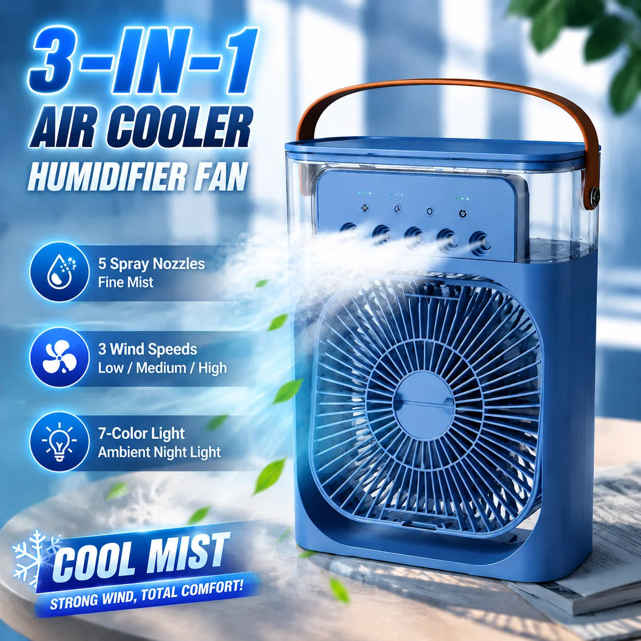 3-in-1 Fan Air Conditioner LED Lamp Portable Humidifier Air Conditioner Fan 3/4/100 Speed Settings Outdoor Ice Pack/spray Fan
