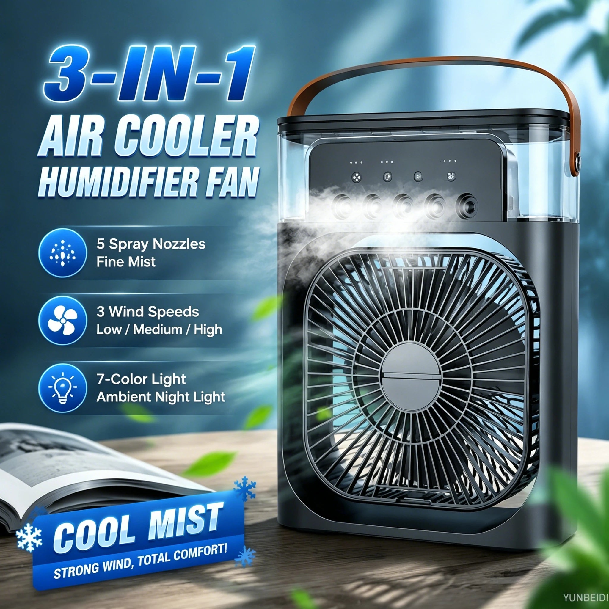 3-in-1 Fan Air Conditioner LED Lamp Portable Humidifier Air Conditioner Fan 3/4/100 Speed Settings Outdoor Ice Pack/spray Fan