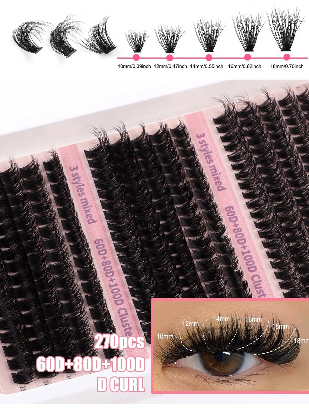 270Pcs Individual Lash Clusters High Capacity 60D+80D+100D D Curl 10-18mm DIY Lash Clusters Natural Look&Extra Thick&Wispy&Ultra