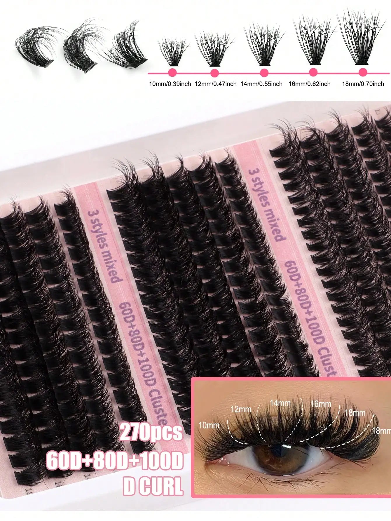 270Pcs Individual Lash Clusters High Capacity 60D+80D+100D D Curl 10-18mm DIY Lash Clusters Natural Look&Extra Thick&Wispy&Ultra