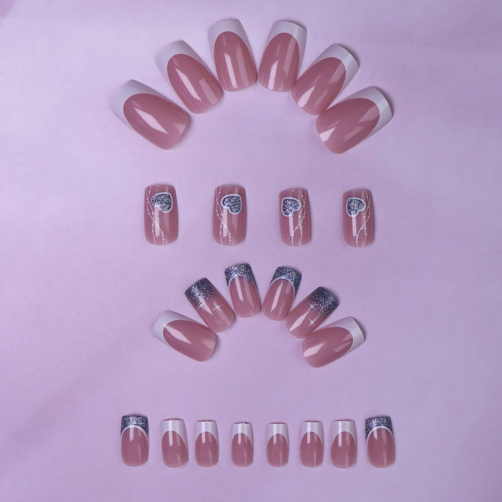 24PCS Square Press-Shaped Nails Of Medium Length - French Pointed Press-Shaped Heart-Shaped Design, Bright pink Ffalse Nails