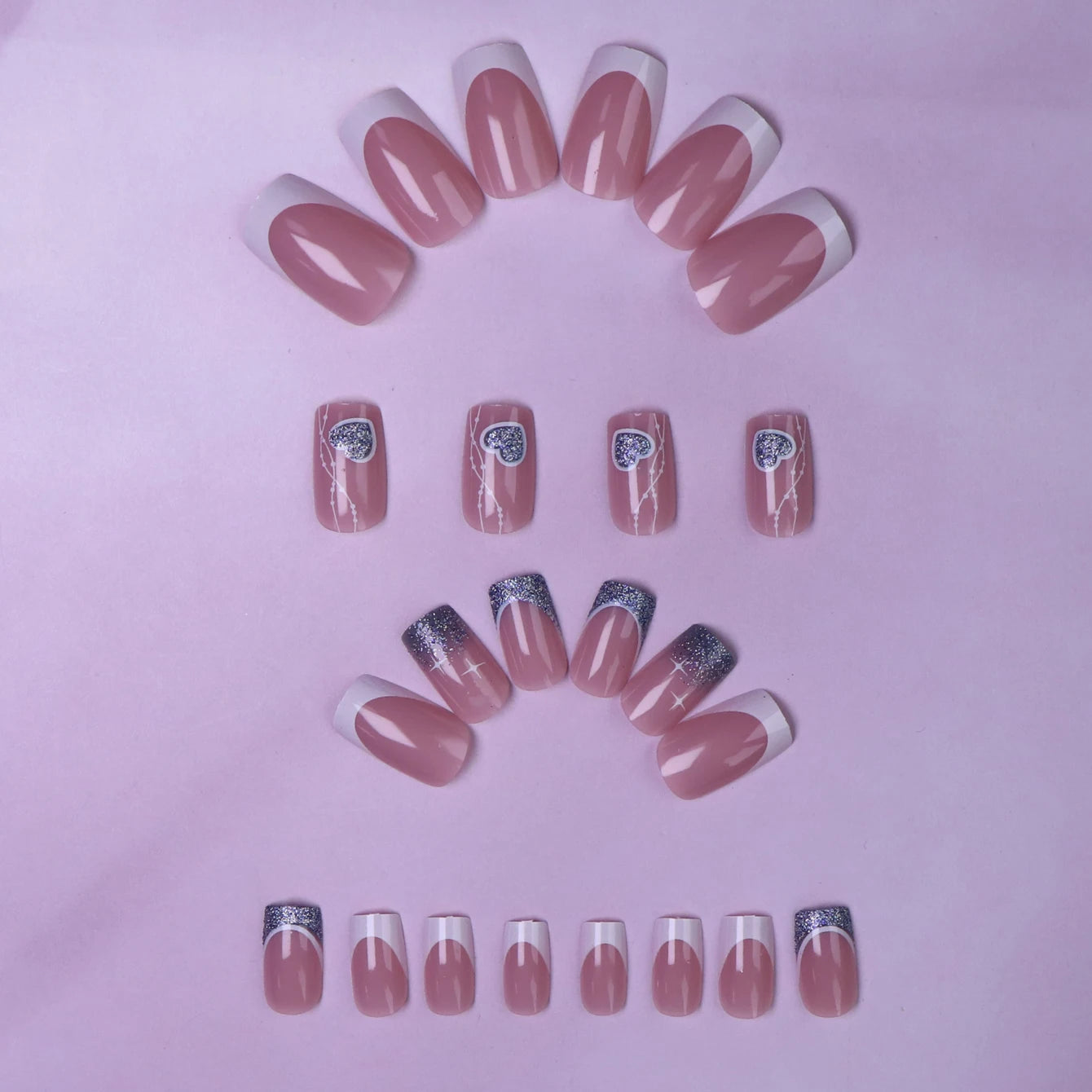 24PCS Square Press-Shaped Nails Of Medium Length - French Pointed Press-Shaped Heart-Shaped Design, Bright pink Ffalse Nails