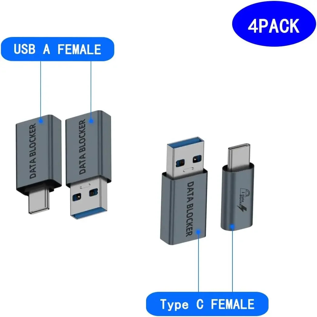 4-Pack Data Blocker Adapter Set,USB-C to C Female,USB-C to A Female,USB-A to C Female,USB-A to A Female,Safe Travel,Anti-Hacking