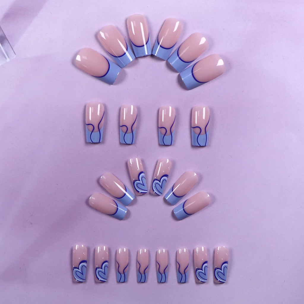 24PCS Square Press-Shaped Nails Of Medium Length - French Pointed Press-Shaped Heart-Shaped Design, Bright pink Ffalse Nails
