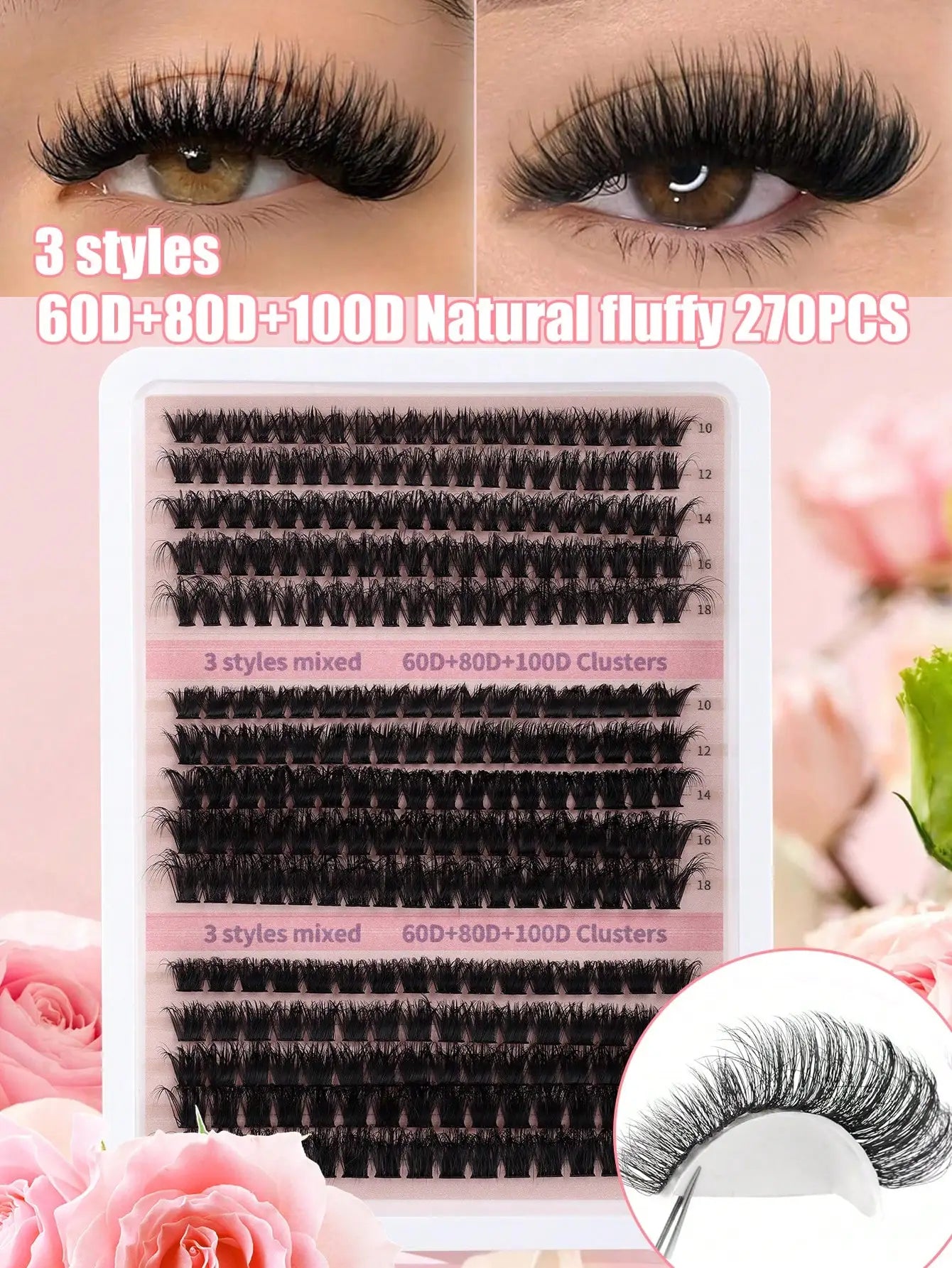 270Pcs Individual Lash Clusters High Capacity 60D+80D+100D D Curl 10-18mm DIY Lash Clusters Natural Look&Extra Thick&Wispy&Ultra