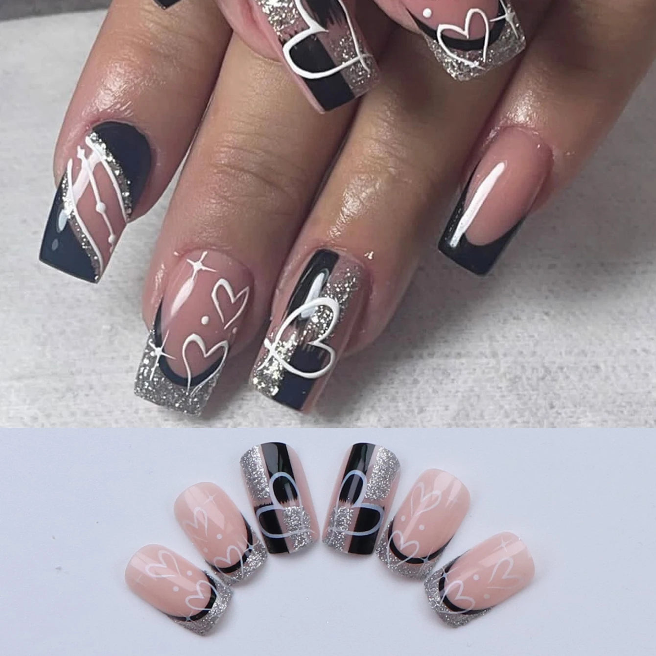 24PCS Square Press-Shaped Nails Of Medium Length - French Pointed Press-Shaped Heart-Shaped Design, Bright pink Ffalse Nails