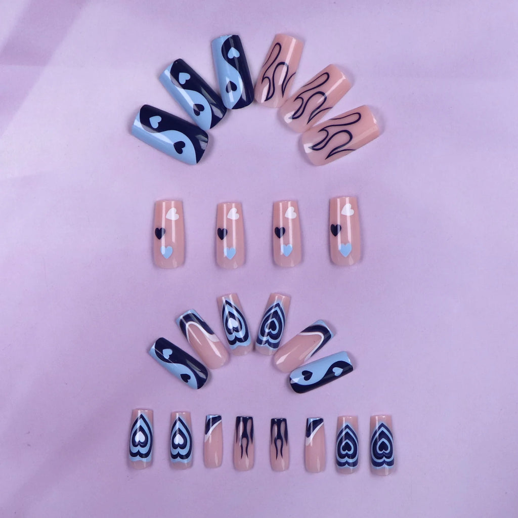 24PCS Square Press-Shaped Nails Of Medium Length - French Pointed Press-Shaped Heart-Shaped Design, Bright pink Ffalse Nails