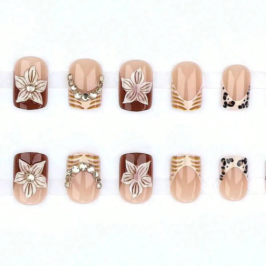 24pcs Leopard Print French False Nail Spicy Girls Flower Brown Short Square Fake Nails with Diamond Design Press on Nails Sets