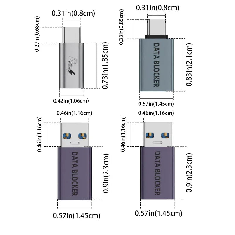 4-Pack Data Blocker Adapter Set,USB-C to C Female,USB-C to A Female,USB-A to C Female,USB-A to A Female,Safe Travel,Anti-Hacking