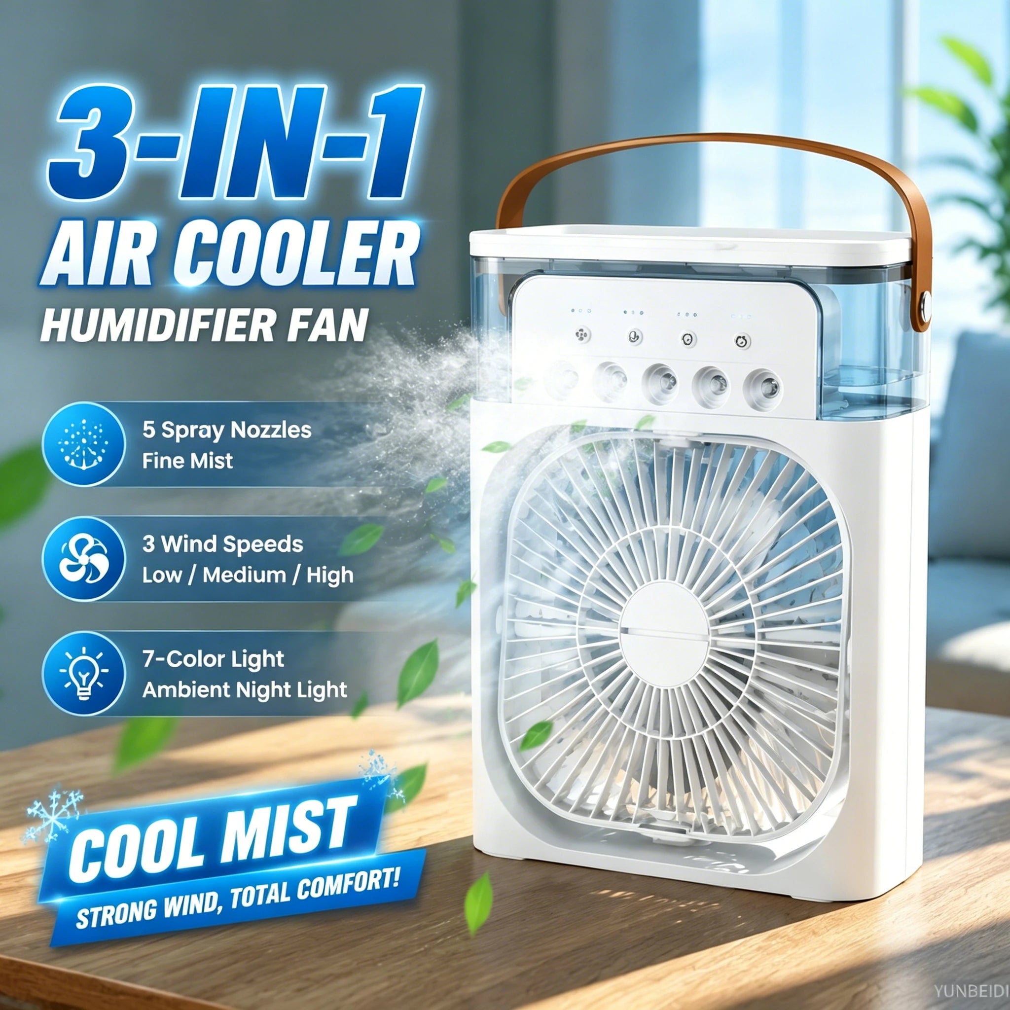 3-in-1 Fan Air Conditioner LED Lamp Portable Humidifier Air Conditioner Fan 3/4/100 Speed Settings Outdoor Ice Pack/spray Fan