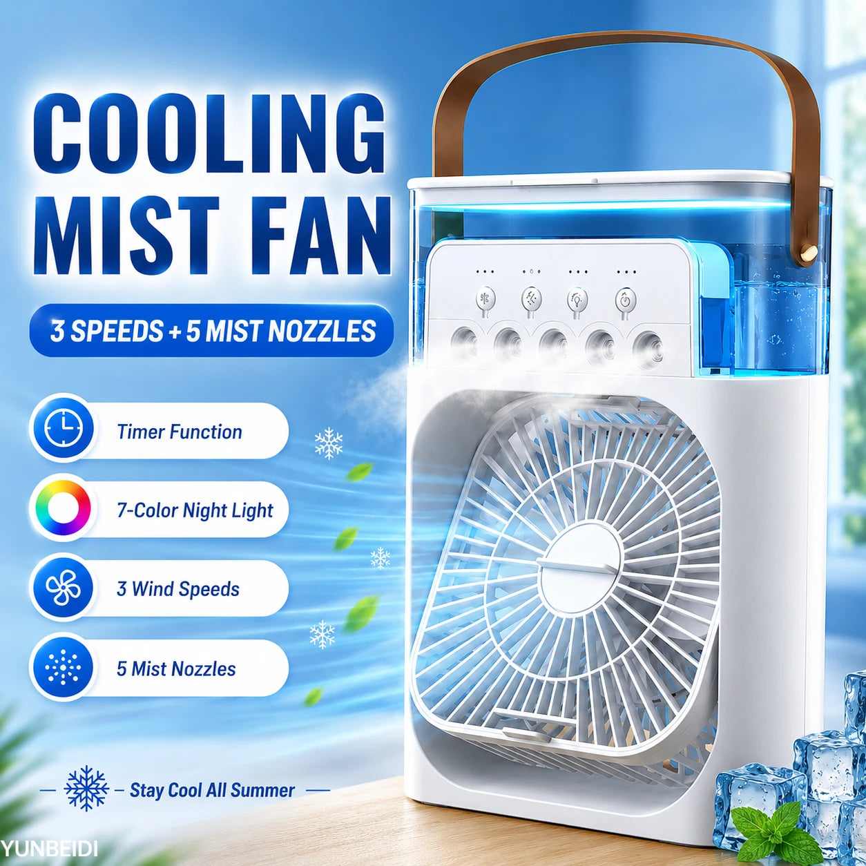3-in-1 Fan Air Conditioner LED Lamp Portable Humidifier Air Conditioner Fan 3/4/100 Speed Settings Outdoor Ice Pack/spray Fan