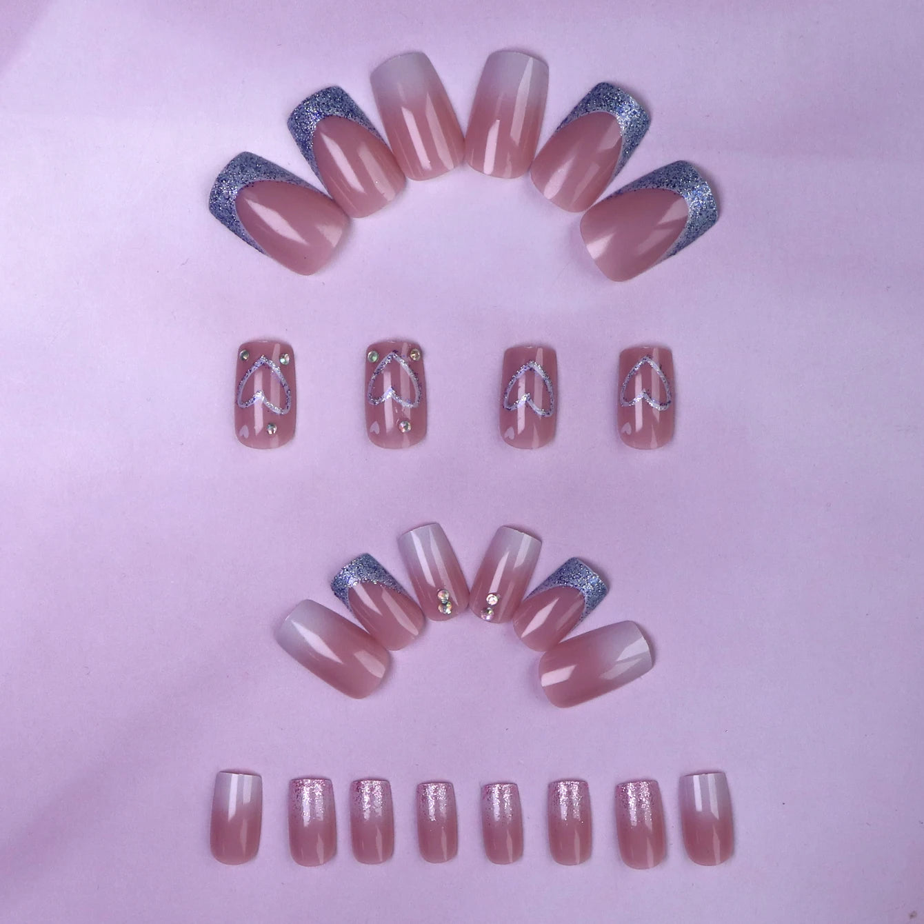 24PCS Square Press-Shaped Nails Of Medium Length - French Pointed Press-Shaped Heart-Shaped Design, Bright pink Ffalse Nails