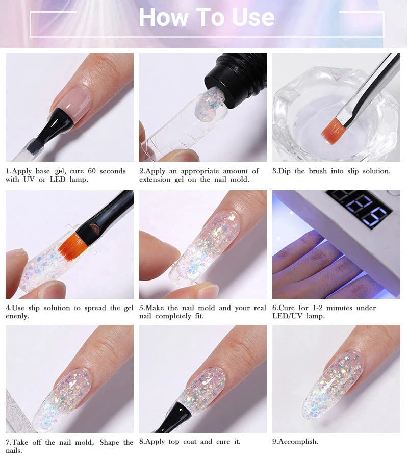 LILYCUTE 7Pcs/Set 15ml Clear Quick Extension Nail Gel with Slip Solution Nail Pusher Nail Clip Brush File Extension Gel Tools