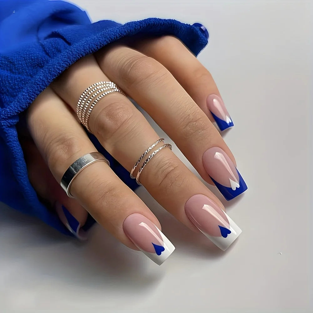 24PCS Square Press-Shaped Nails Of Medium Length - French Pointed Press-Shaped Heart-Shaped Design, Bright pink Ffalse Nails