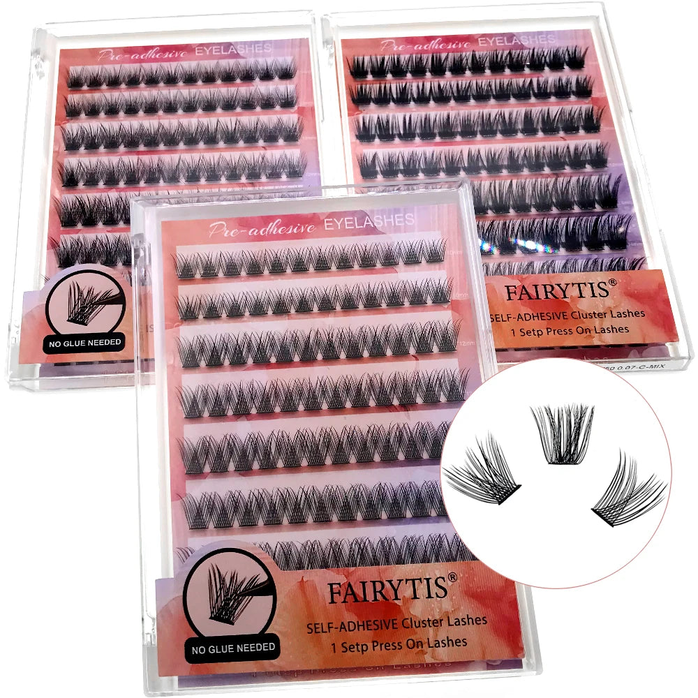 FAIRYTIS Self Adhesive Eyelashes 96 PCS Pre-Glued Cluster Lashes No Glue No Remover 10-16mm C Curl 1 Step DIY Lash Save Time