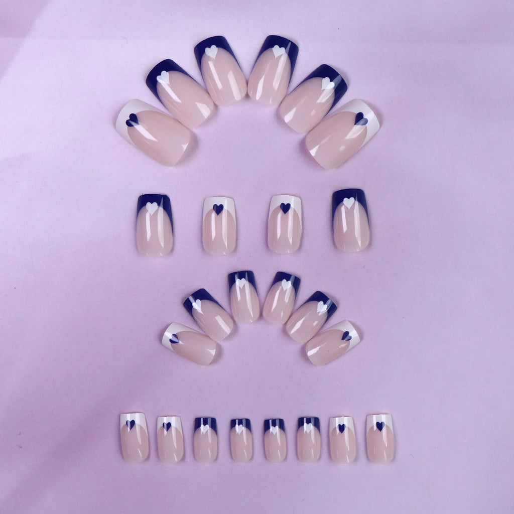 24PCS Square Press-Shaped Nails Of Medium Length - French Pointed Press-Shaped Heart-Shaped Design, Bright pink Ffalse Nails