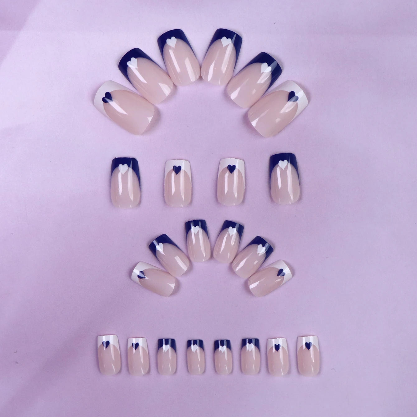 24PCS Square Press-Shaped Nails Of Medium Length - French Pointed Press-Shaped Heart-Shaped Design, Bright pink Ffalse Nails